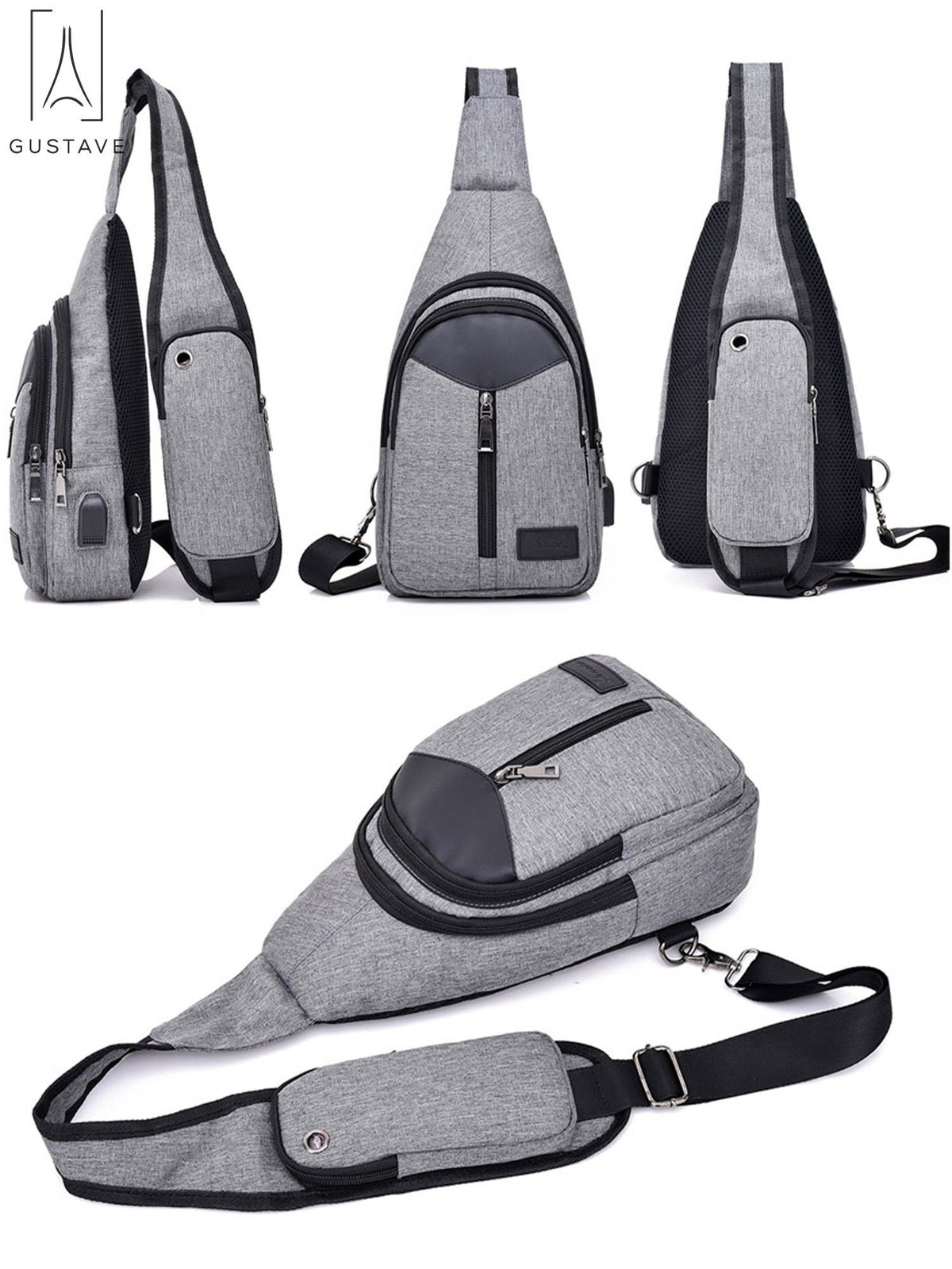 Black Nylon Chest Sling Bag with USB Charge Port U375525