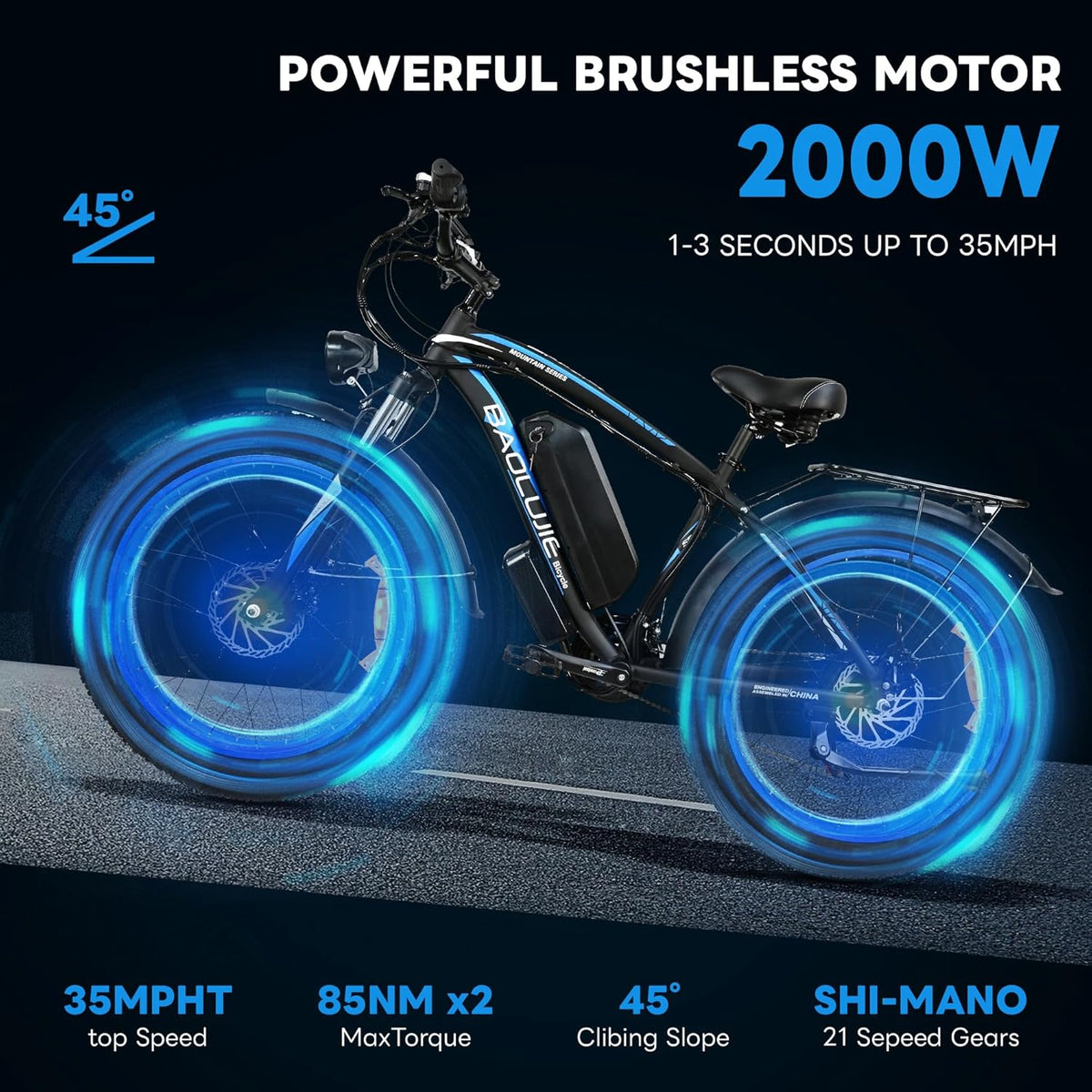 Two 2000W Electric Bikes with 48V 20Ah Removable Batteries 21 Speed Hydraulic Disc Brake (Blue + Blue) Z255