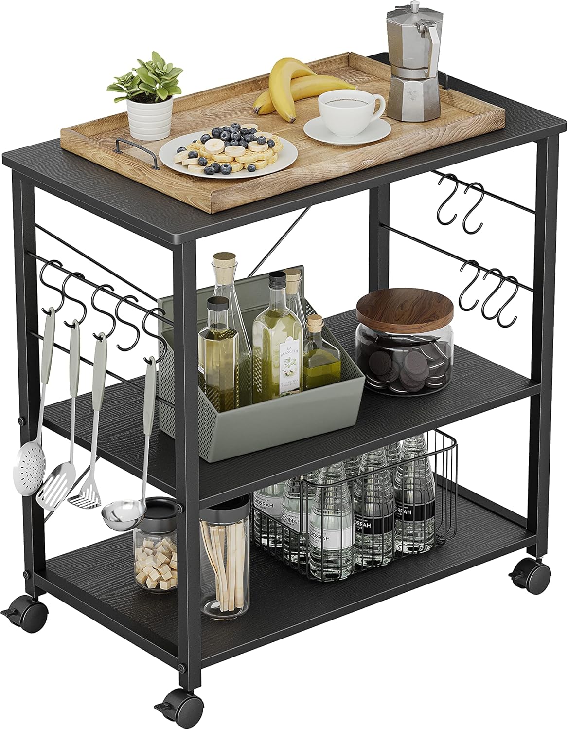 3 Tier Kitchen Serving Cart with Wheels and 10 Hooks R482