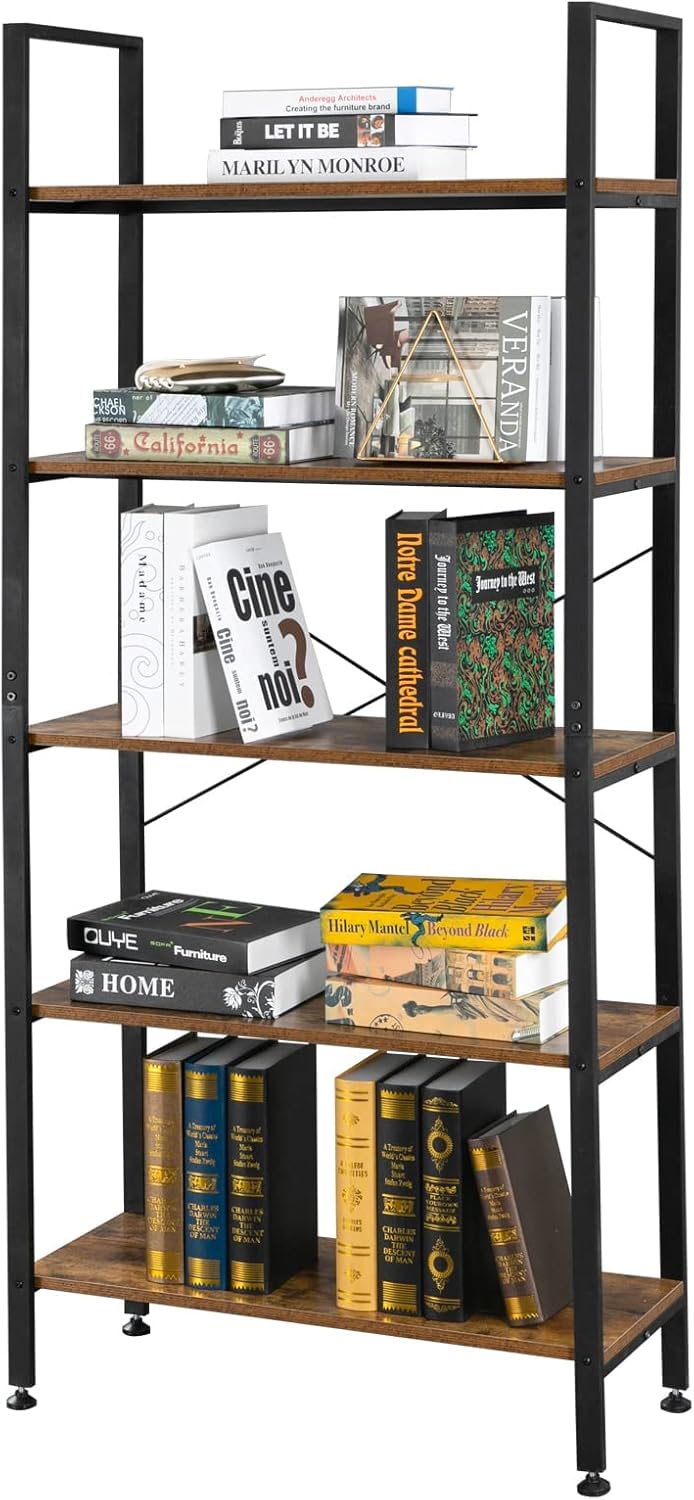 5 Tier Rustic Wood and Metal Bookshelf P826755