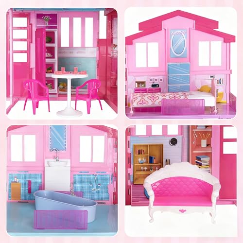 2-Story Foldable Dollhouse with 4 Rooms & Elevator Y566