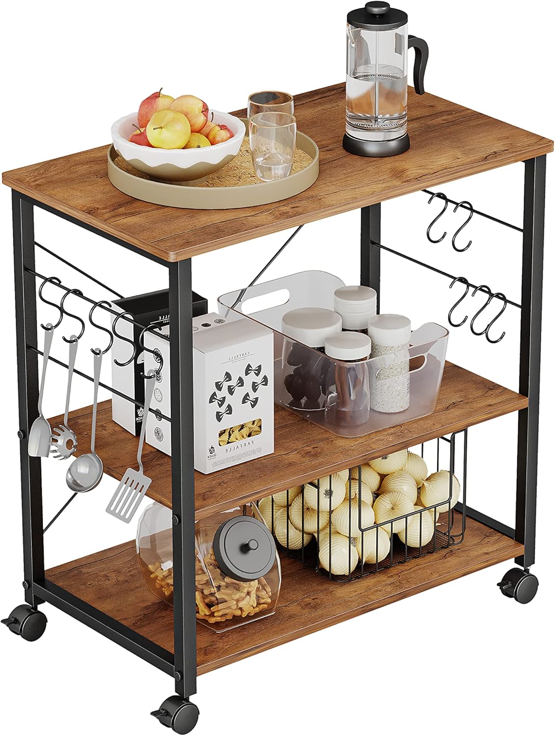 3 Tier Kitchen Serving Cart with Wheels and 10 Hooks R482