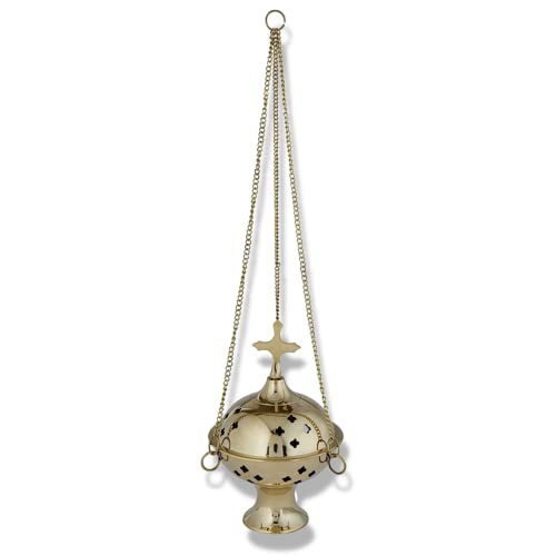 Brass Hanging Censer Incense Burner with Cross, 12 Inch Chain R441