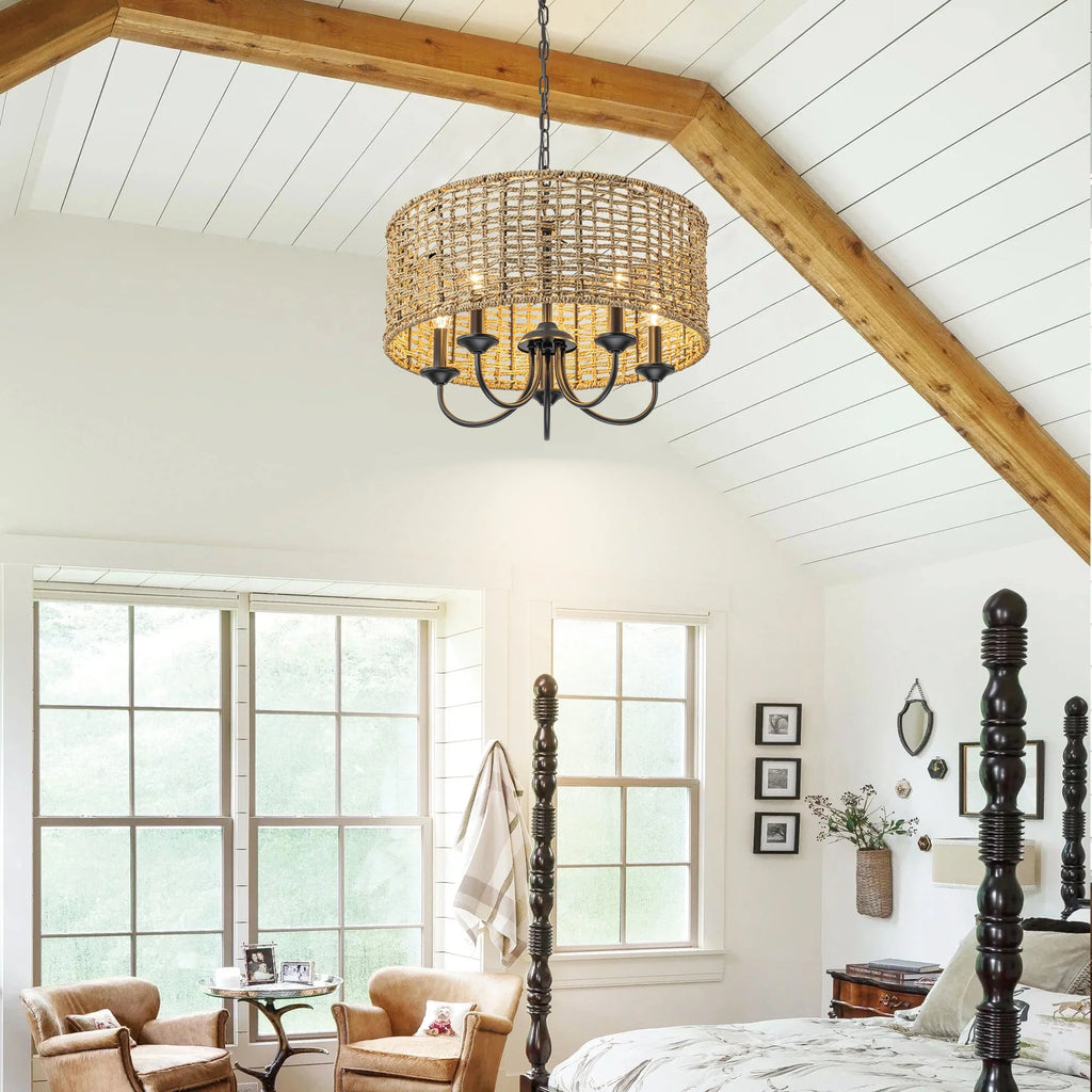 Distressed Hand-Woven Drum Chandelier L46137