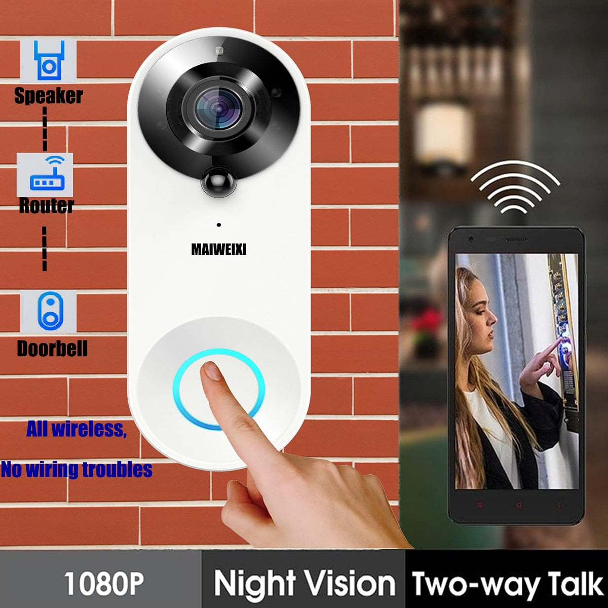 WiFi Smart Video Doorbell 1080p Camera 2-Way Audio Night Vision Black U309