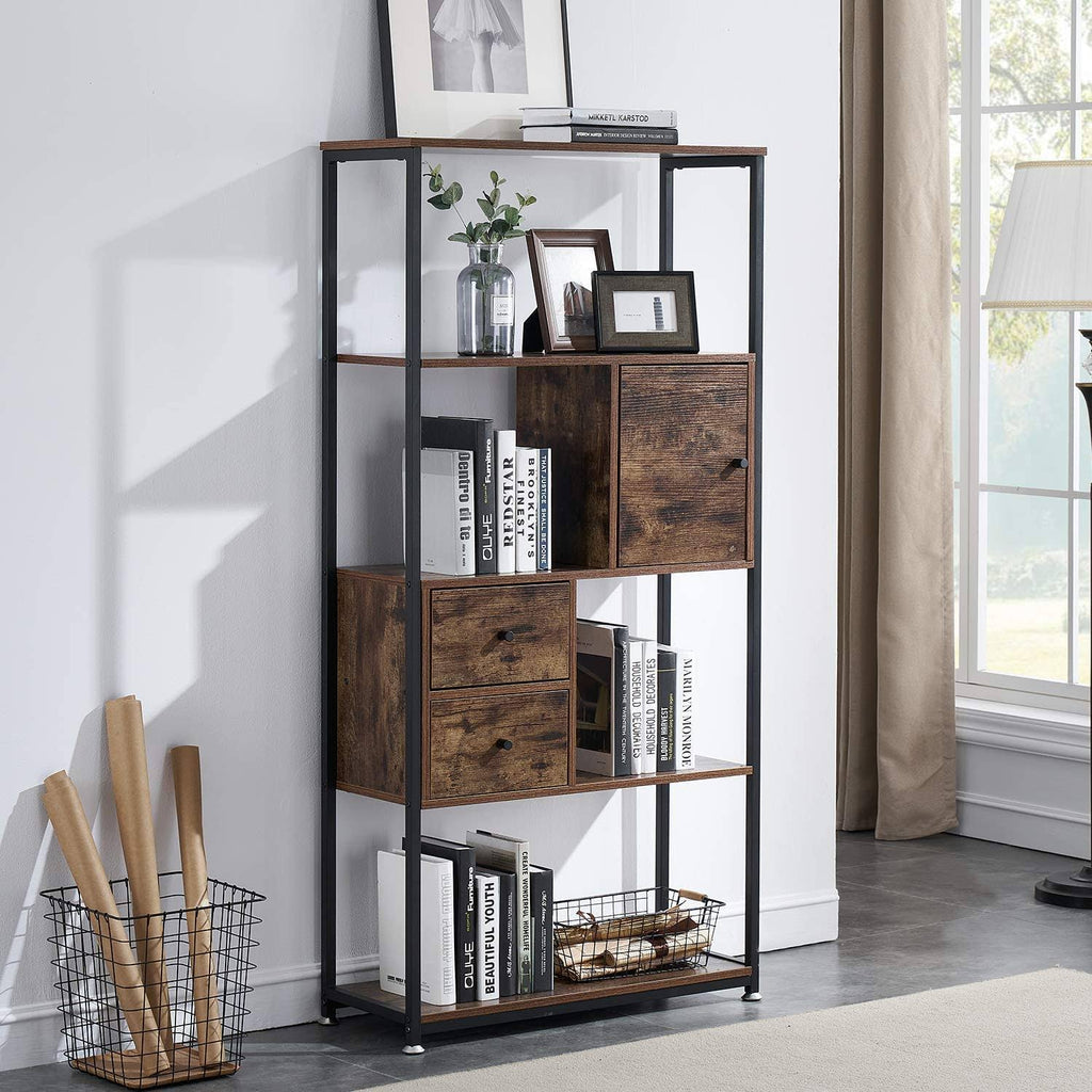 Brown 4-Tier Bookshelf with Drawers P9093