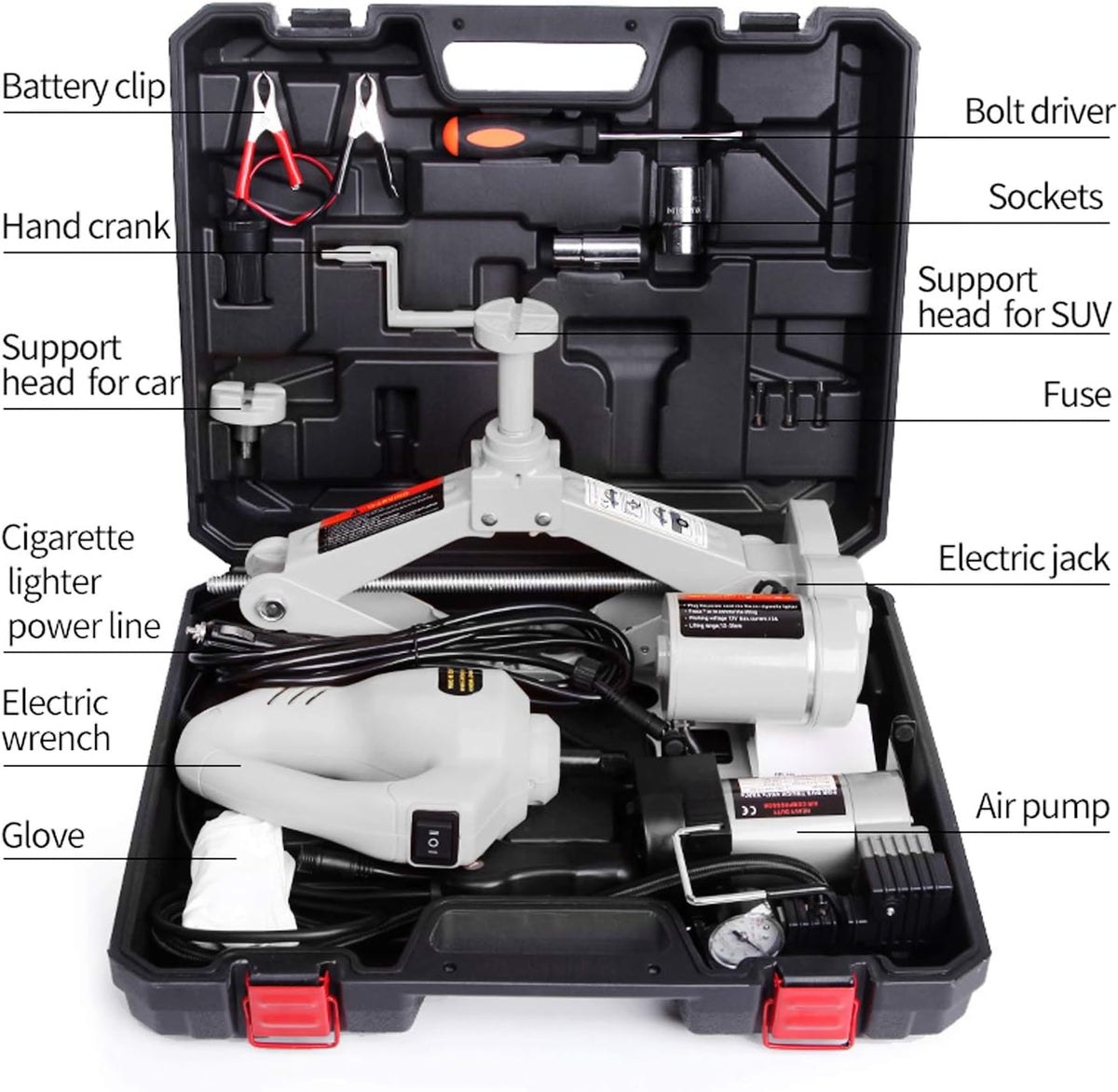 3 Ton 12v Scissor Lift Jack Set with Impact Wrench and Tire Inflator Pump N460