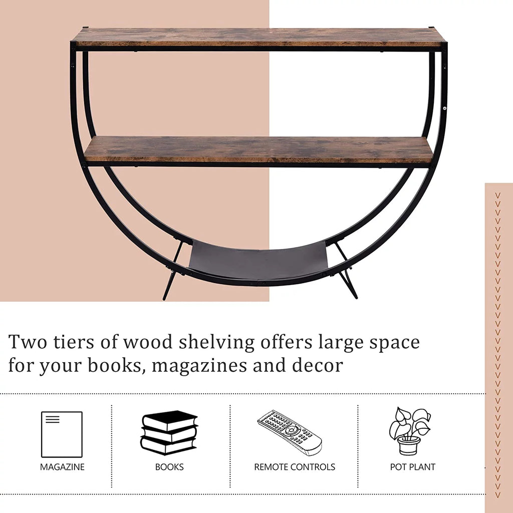 Rustic Wood 2-Tier Console Table with Shelves and Metal Frame B44657