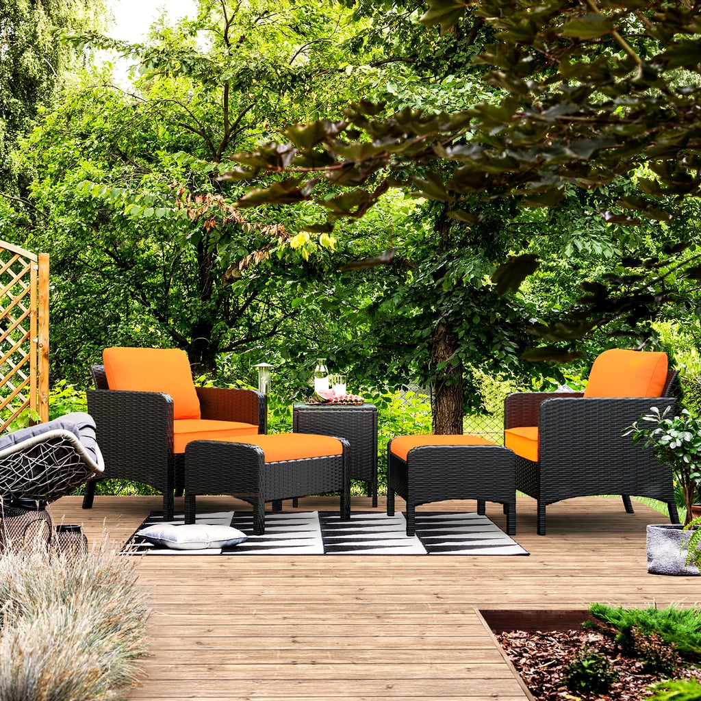 5 Piece Outdoor Rattan Wicker Patio Furniture Set with Ottoman and Coffee Table A146473