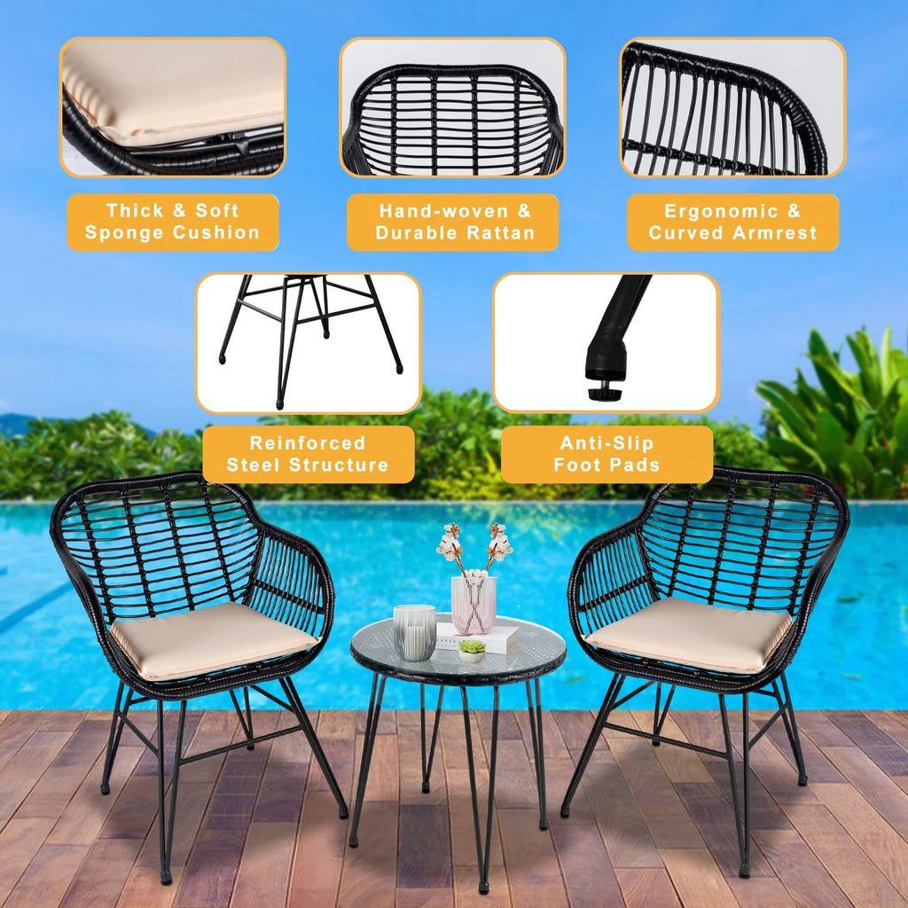 3 Piece Black PE Rattan Outdoor Wicker Bistro Set with Cushions M322627