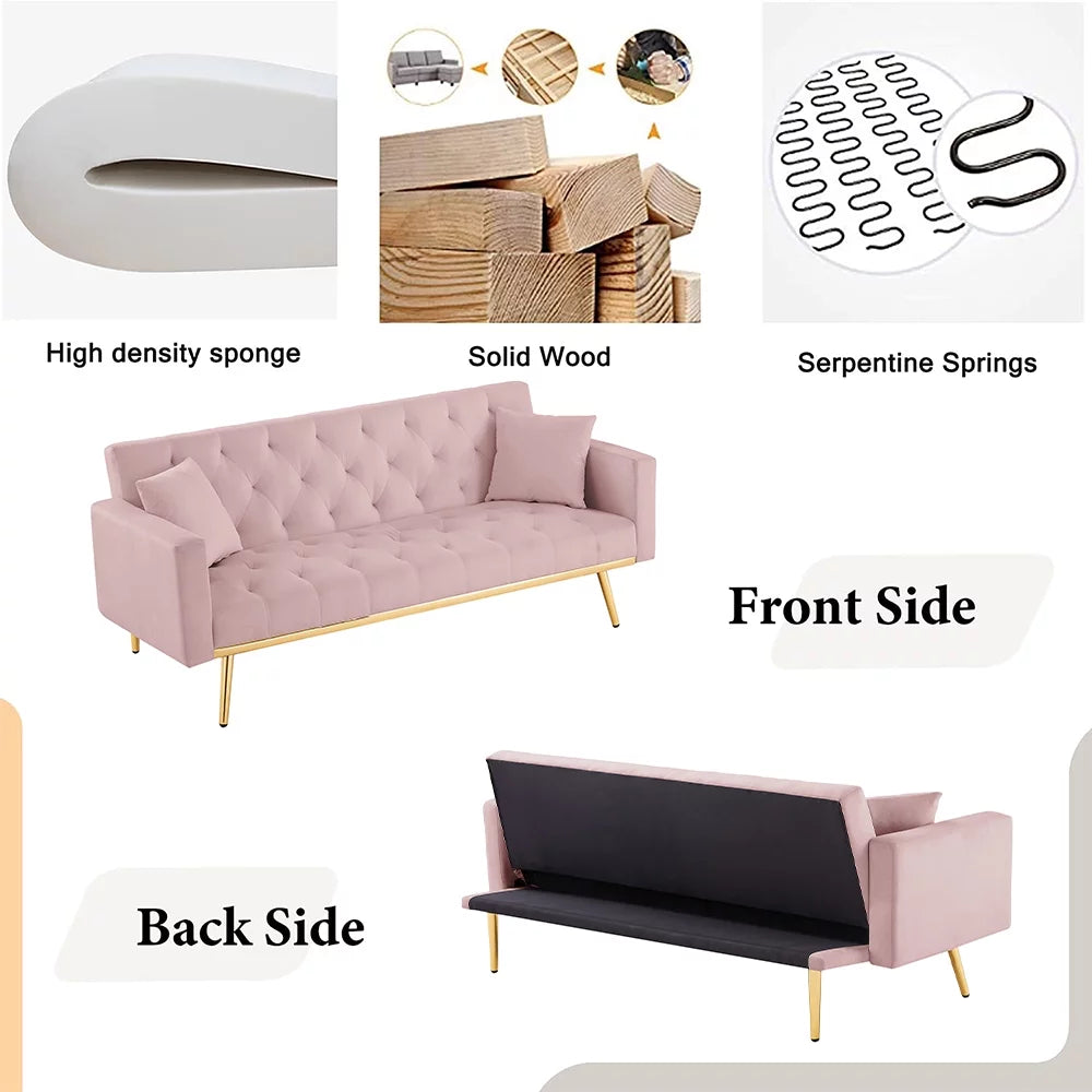 Pink Velvet Convertible Sofa Bed with 2 Pillows M60073