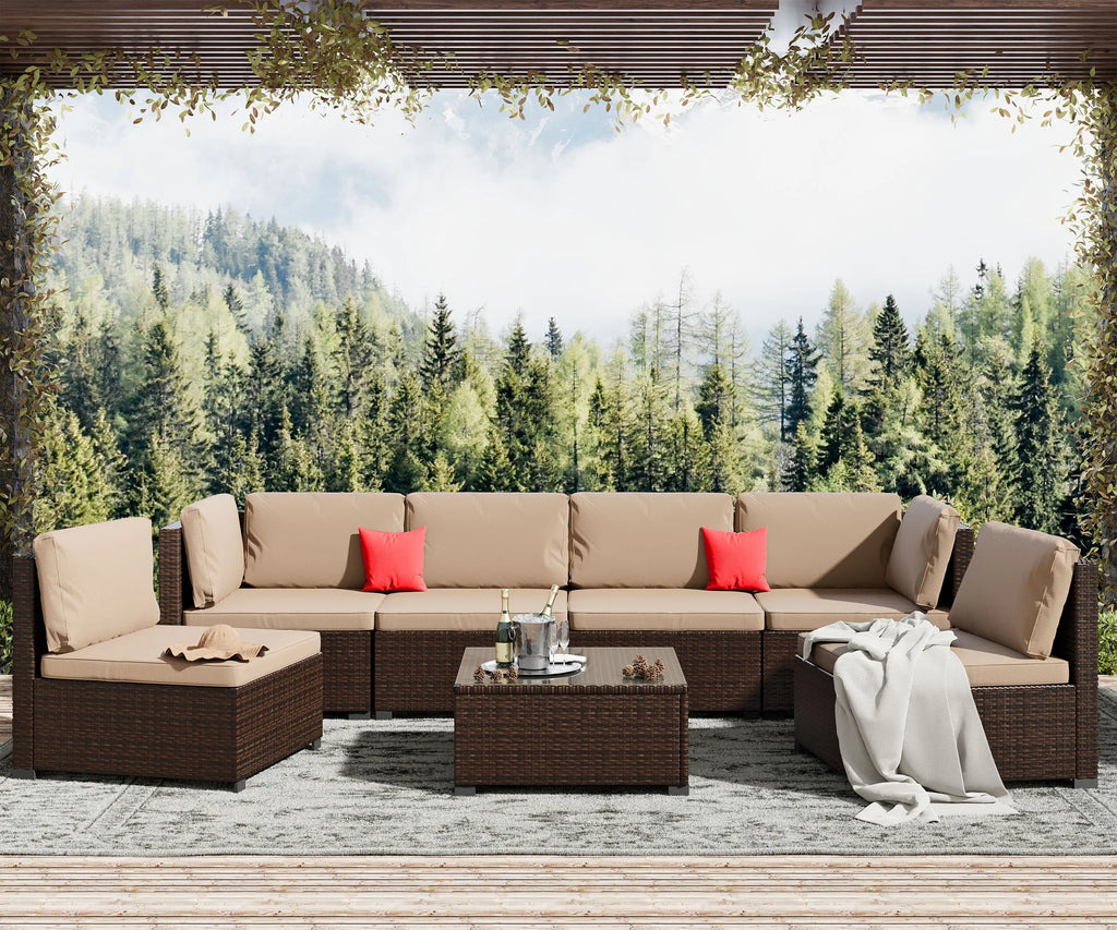 7 Piece PE Rattan Patio Sectional Sofa Set with Cushion and Coffee Table R1660
