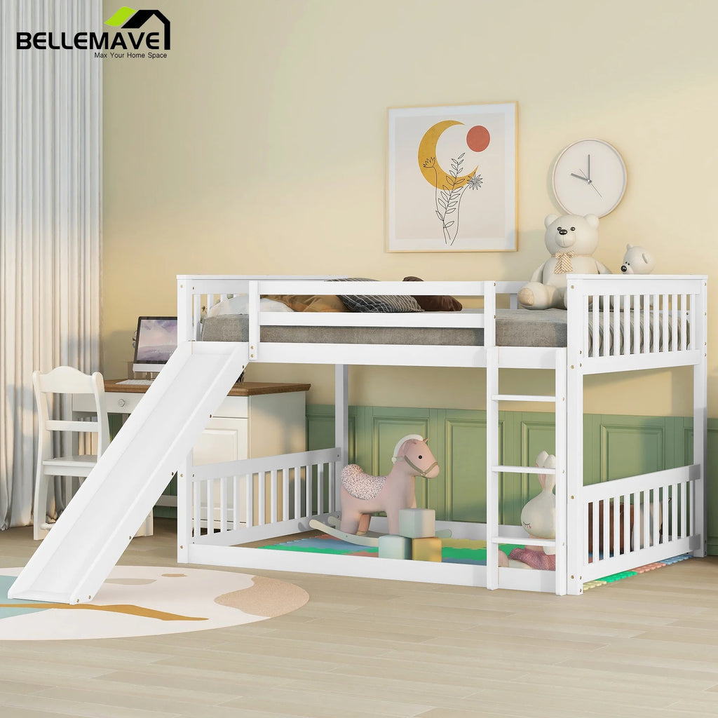 White Full over Full Wood Bunk Bed with Slide and Ladder Z99078