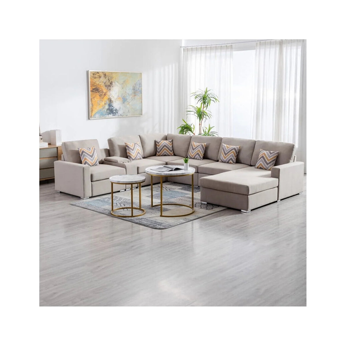 Linen Fabric Reversible Chaise Sectional Sofa with USB and Storage Console I797632