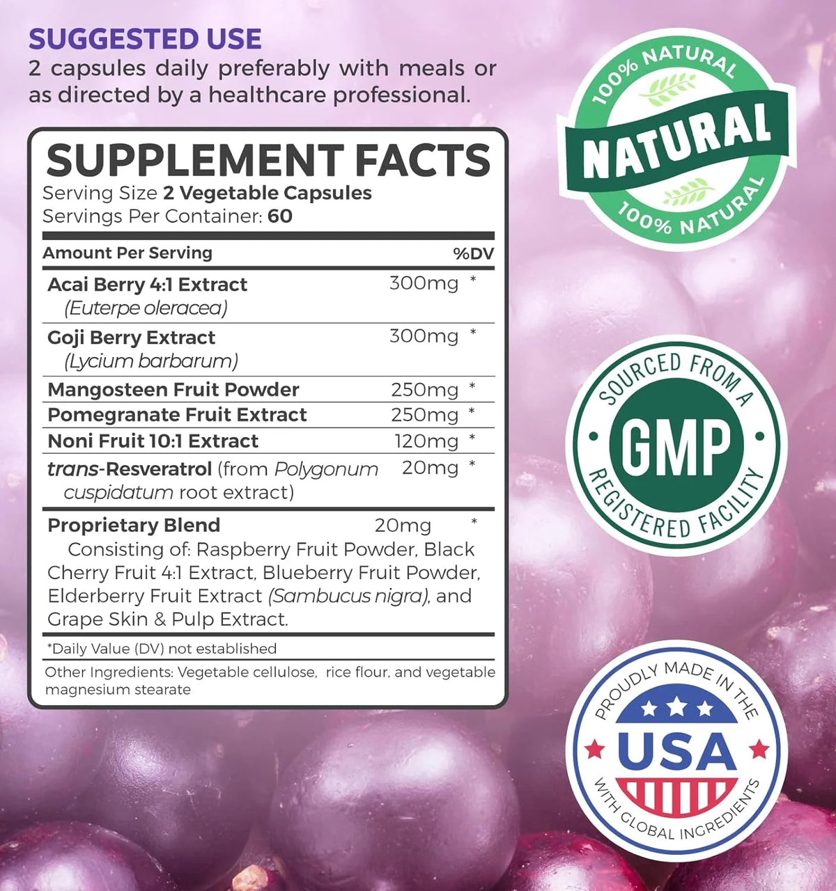 Antioxidant Supplement with Acai Berry, Goji Berry, Pomegranate & Resveratrol, 120 Capsules E2581