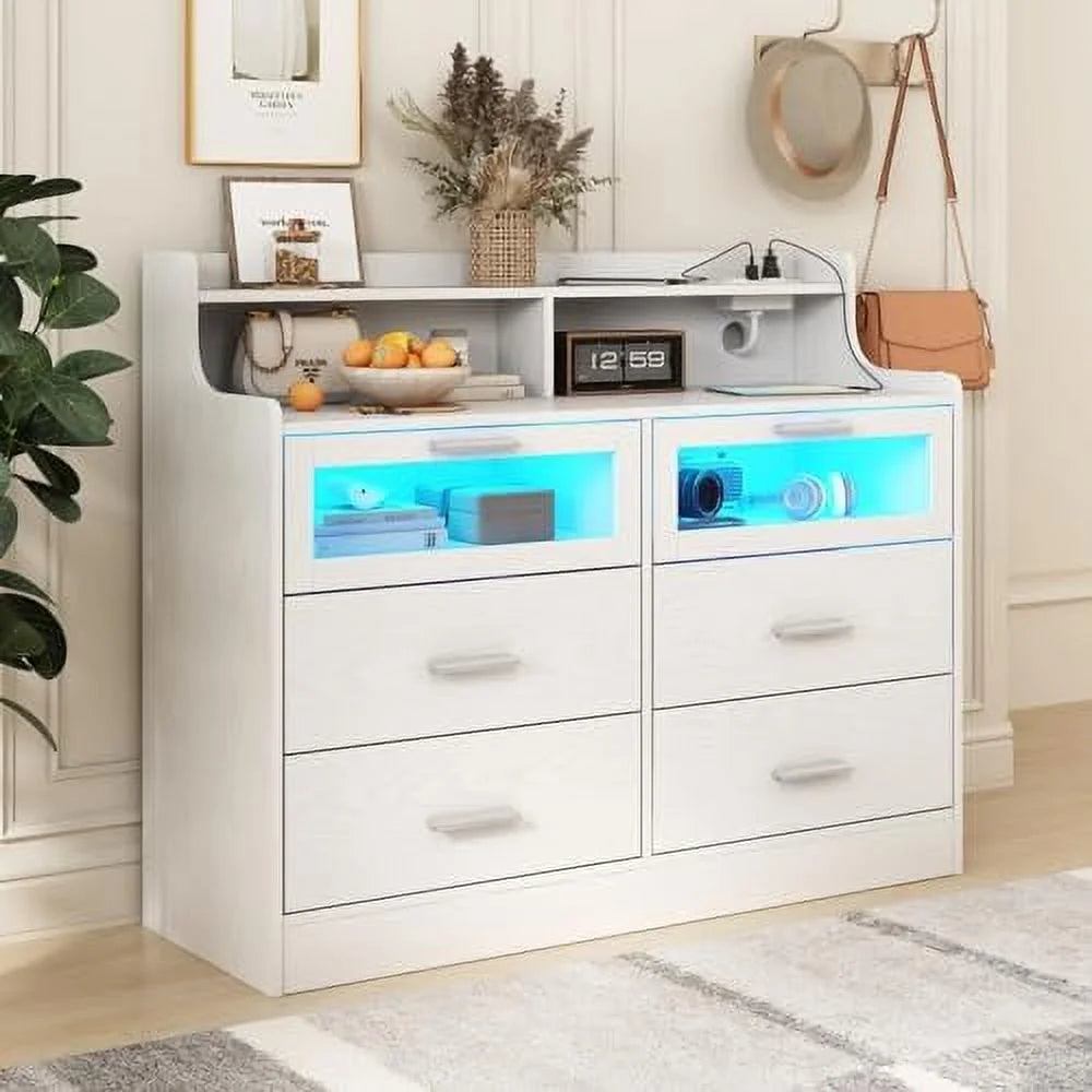 White 6 Drawer Wood Dresser with Charging Station Y210