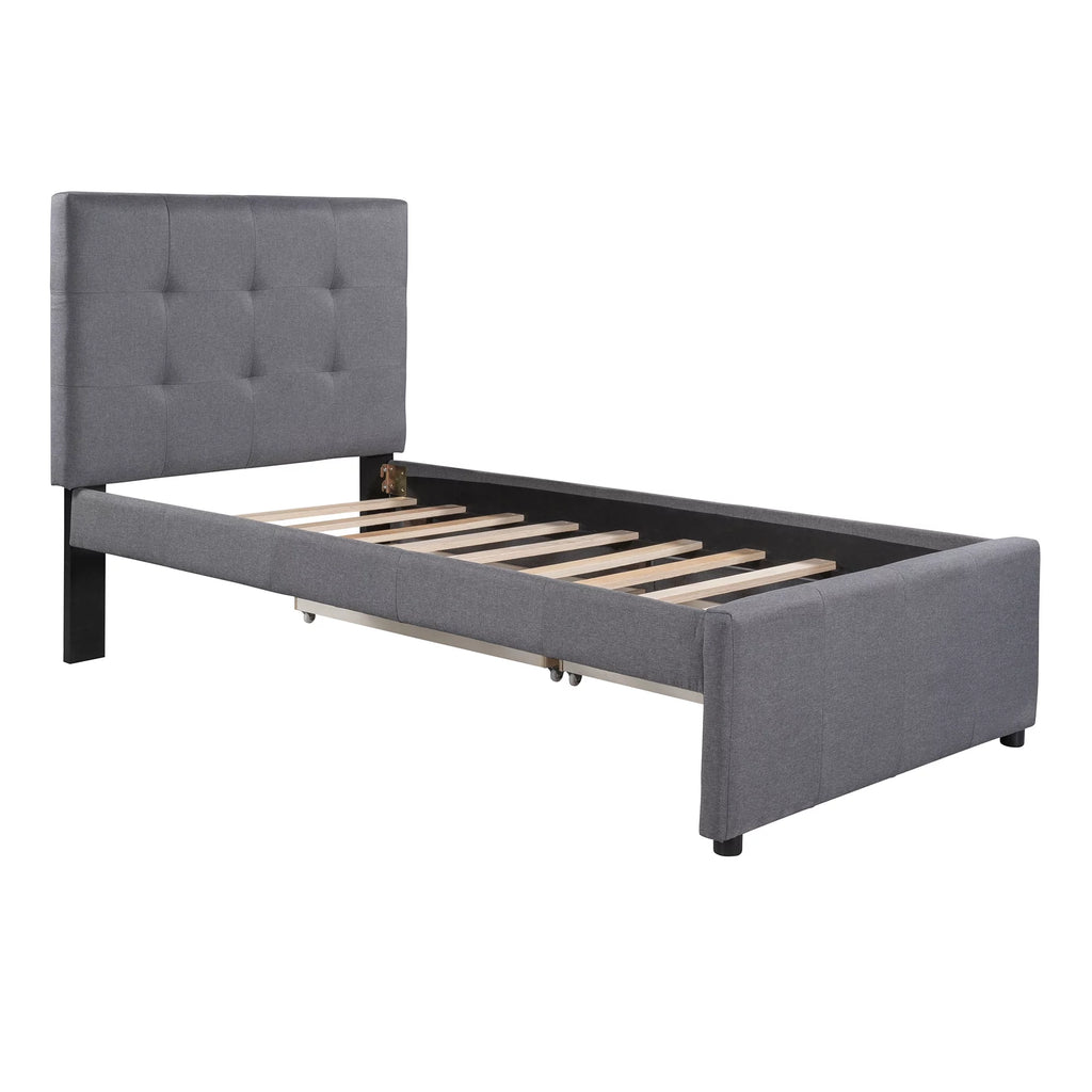 Gray Upholstered Twin Size Platform Bed with 2 Storage Drawers N658