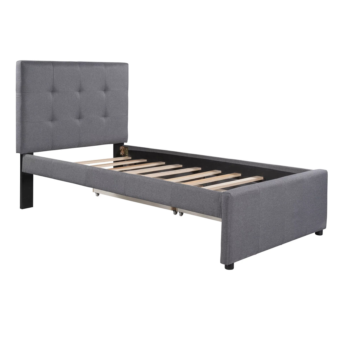 Gray Upholstered Twin Size Platform Bed with 2 Storage Drawers N658