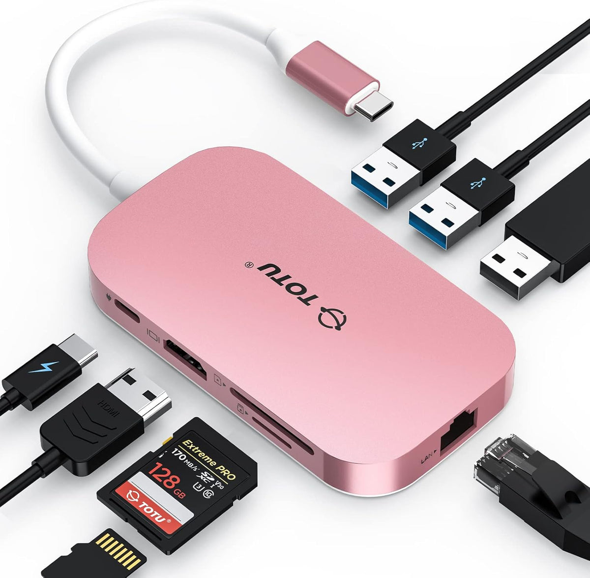 USB C Hub, 9-in-1 Type C Hub with Ethernet Port, 4K USB C to HDMI, 2 USB 3.0 Ports, 1 USB 2.0 Port, SD/TF Card Reader, USB-C Power Delivery (Pink) A807389
