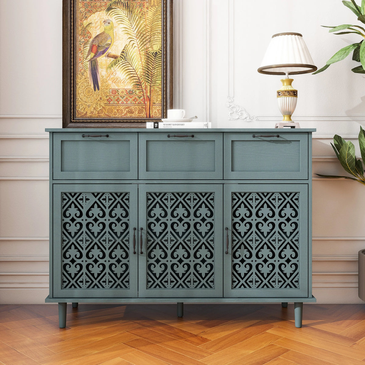 Dark Green 3 Door 3 Drawer Sideboard Storage Cabinet M685376