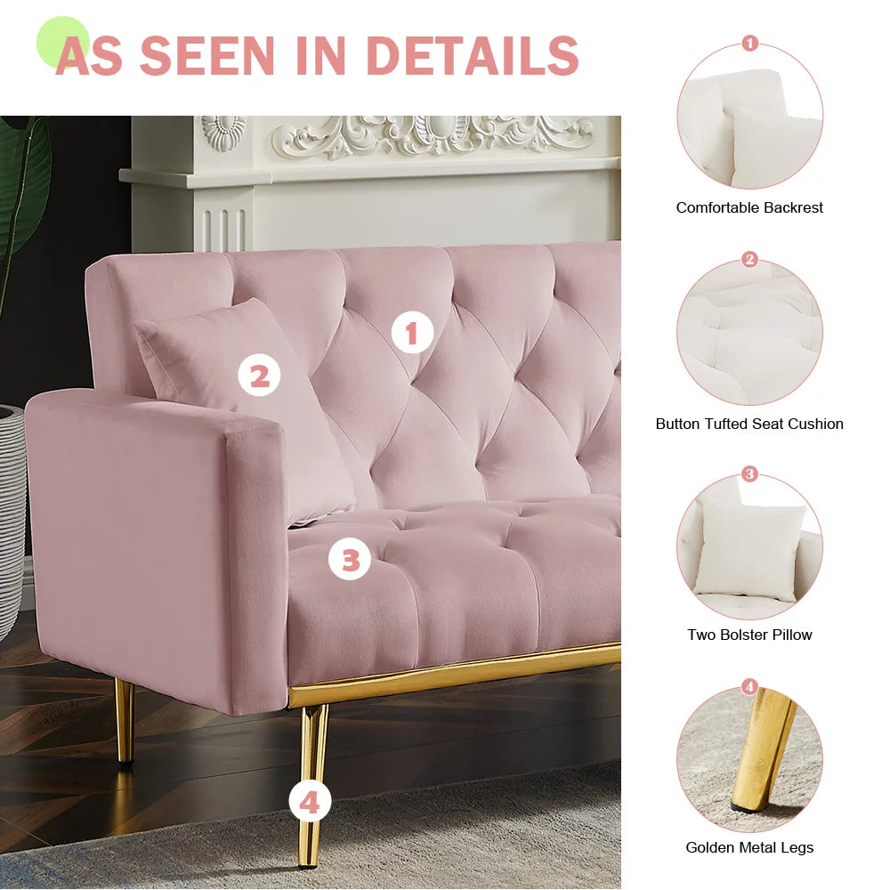 Pink Velvet Convertible Sofa Bed with 2 Pillows M60073