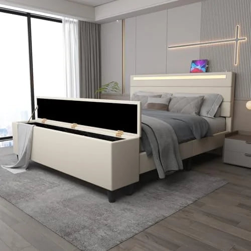 Queen Upholstered Platform Bed Frame with Ottoman and LED Lights I3387
