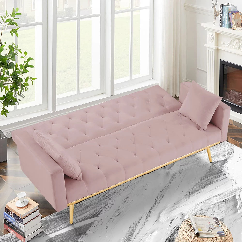 Pink Velvet Convertible Sofa Bed with 2 Pillows M60073