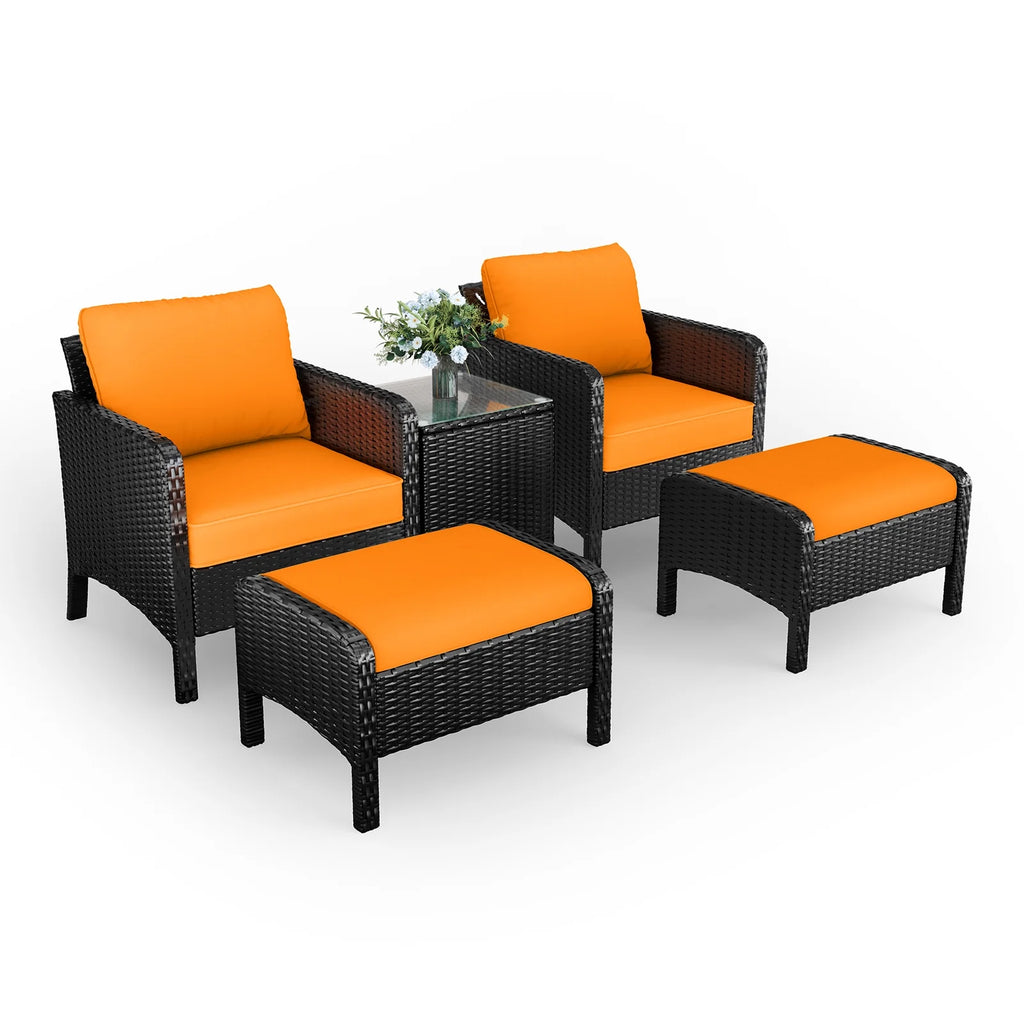 5 Piece Outdoor Rattan Wicker Patio Furniture Set with Ottoman and Coffee Table A146473