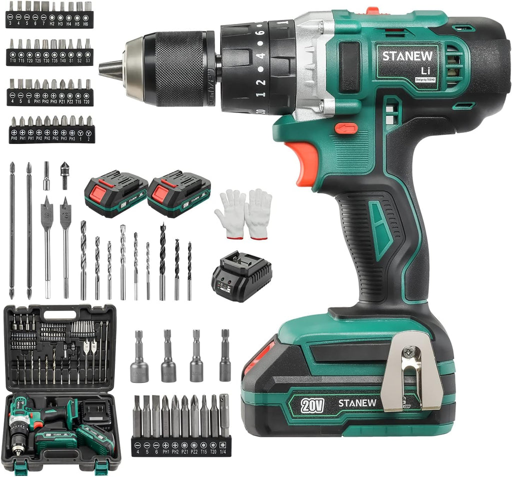 Cordless Hammer Drill Impact Driver with 20V 2.0Ah Li-ion Battery, 69 accessories, Carrying Case 2 Batteries and Charger V65279