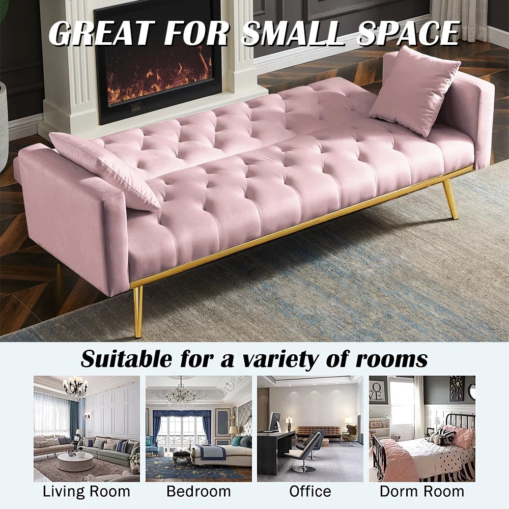 Pink Velvet Convertible Sofa Bed with 2 Pillows M60073