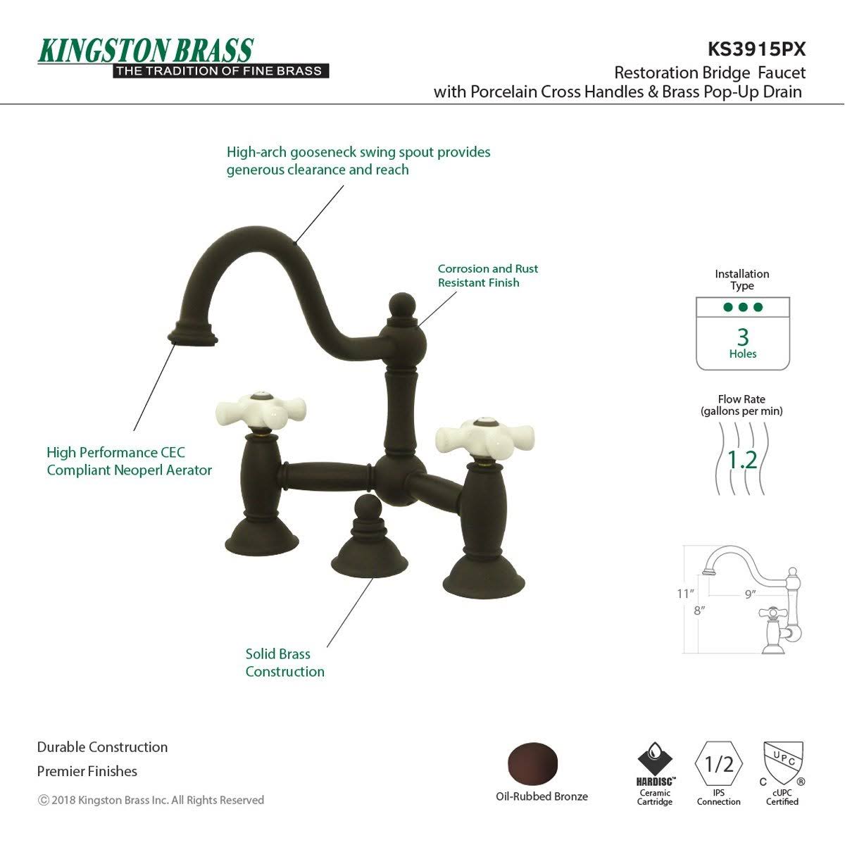 Polished Brass Lavatory Bridge Faucet with Brass Pop-Up N369
