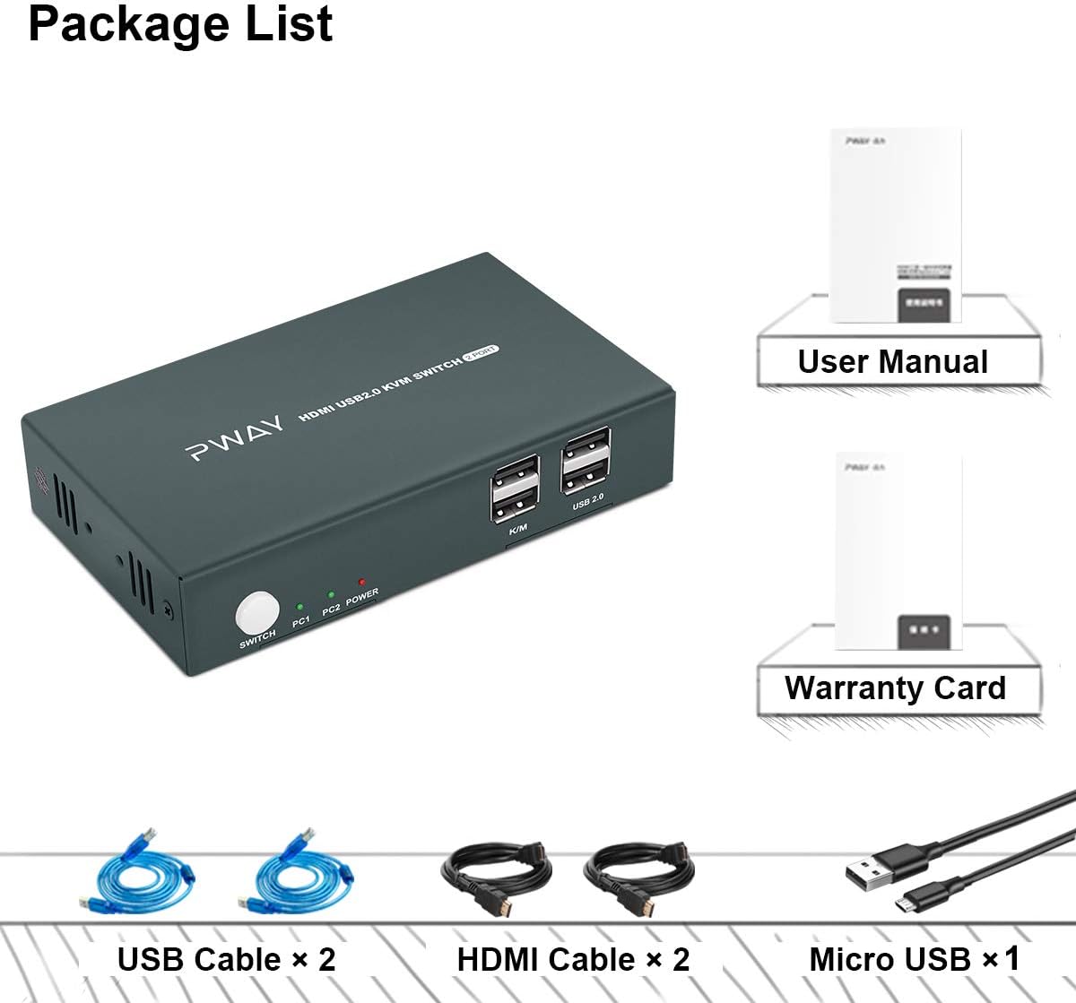 KVM Switch HDMI 2 Port, 4K@30Hz, USB2.0 Hub, with 2 HDMI and 2 USB Cables Q436069