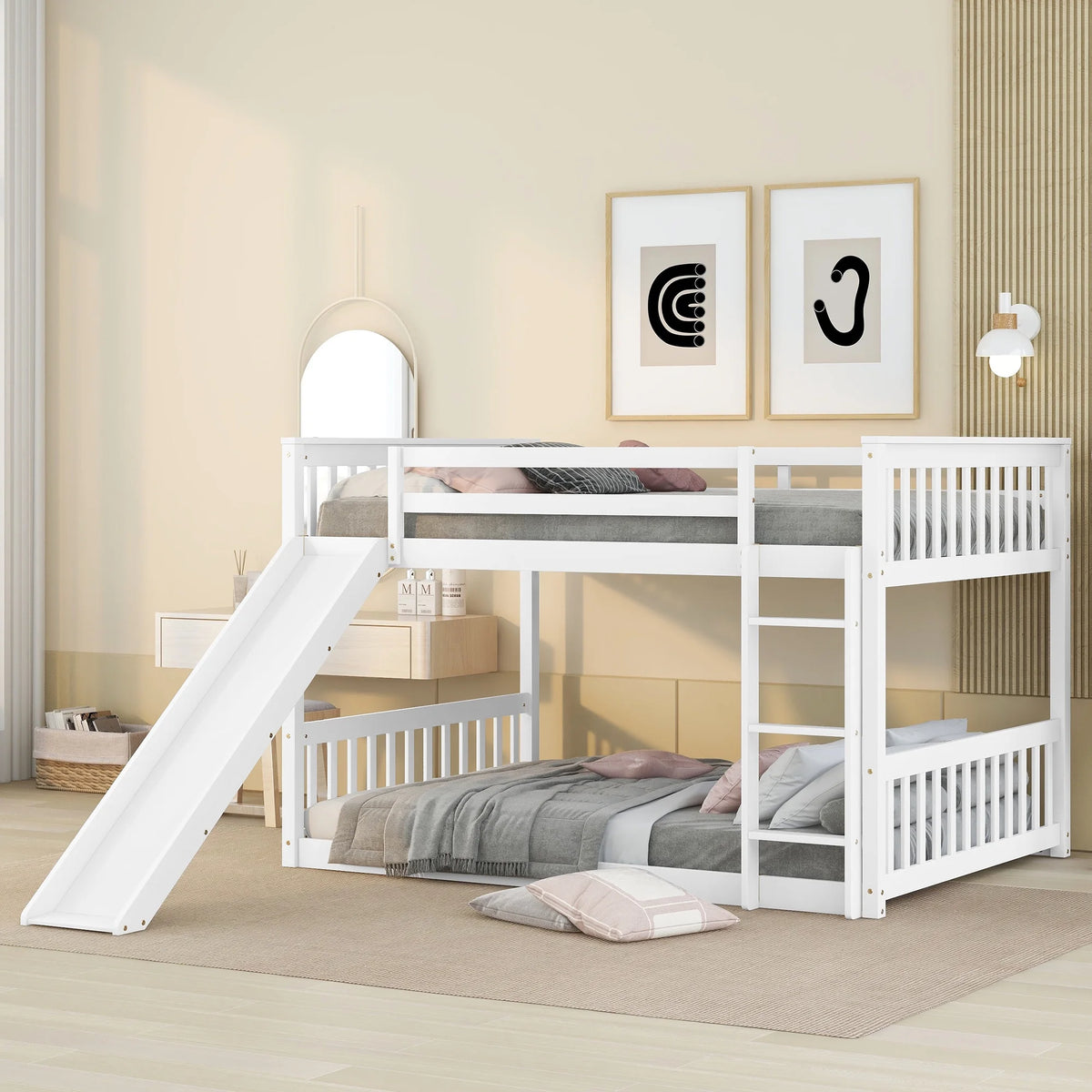 White Full over Full Wood Bunk Bed with Slide and Ladder Z99078