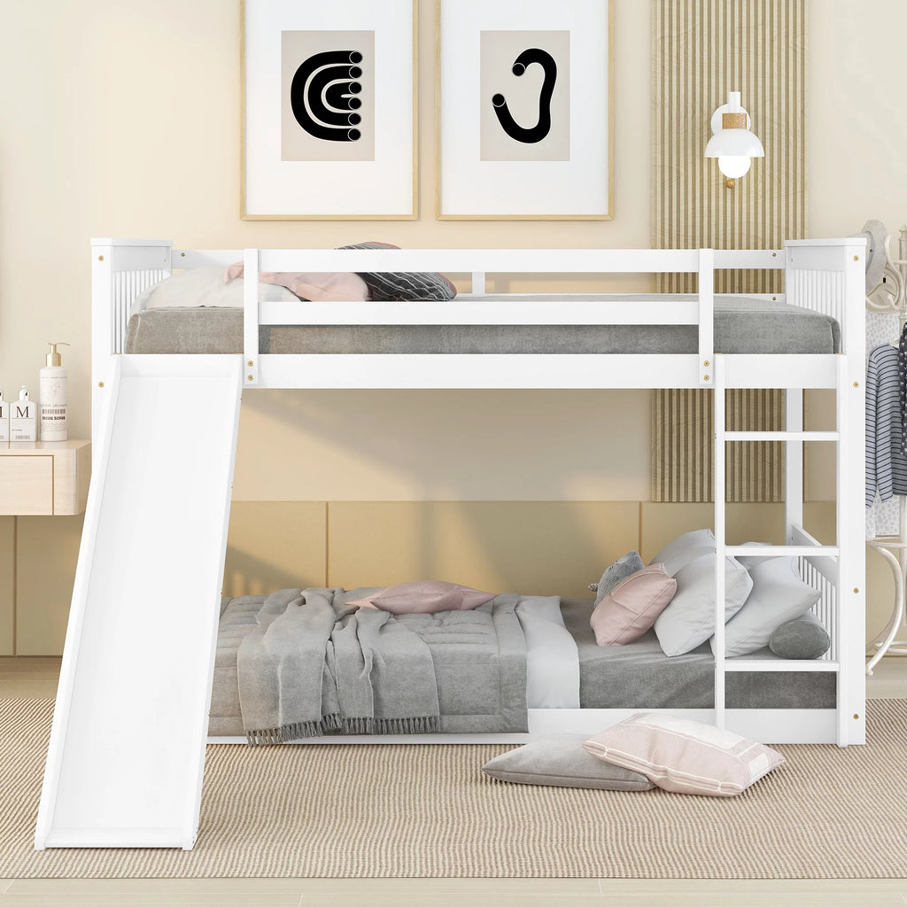 White Full over Full Wood Bunk Bed with Slide and Ladder Z99078