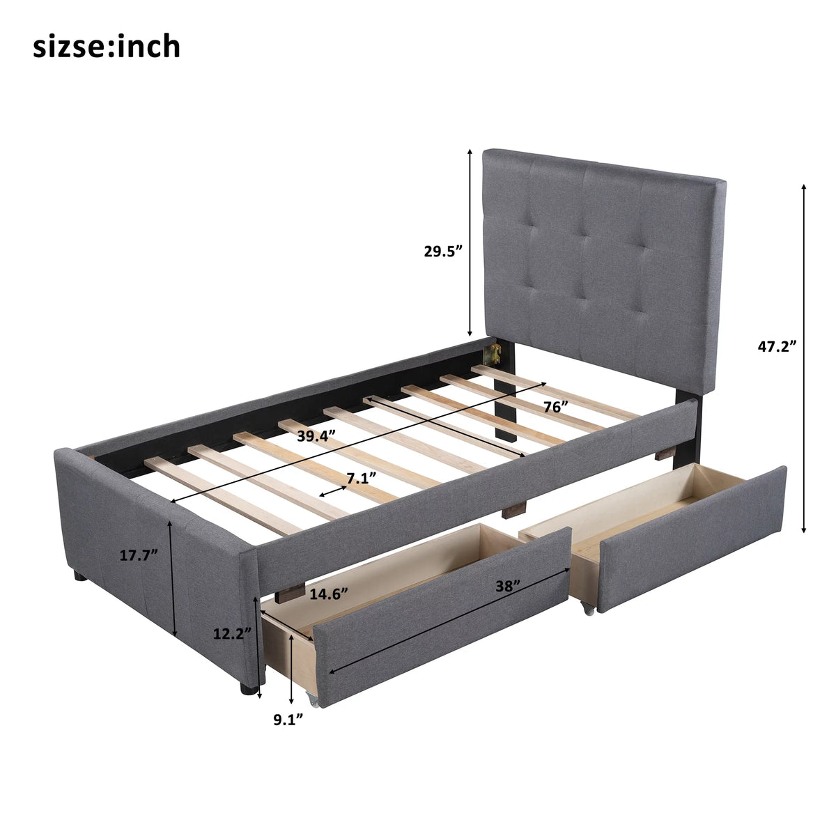 Gray Upholstered Twin Size Platform Bed with 2 Storage Drawers N658