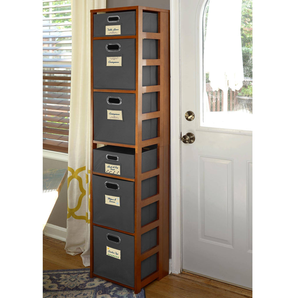 Cherry Grey Square Folding Bookcase with Fabric Bins E665
