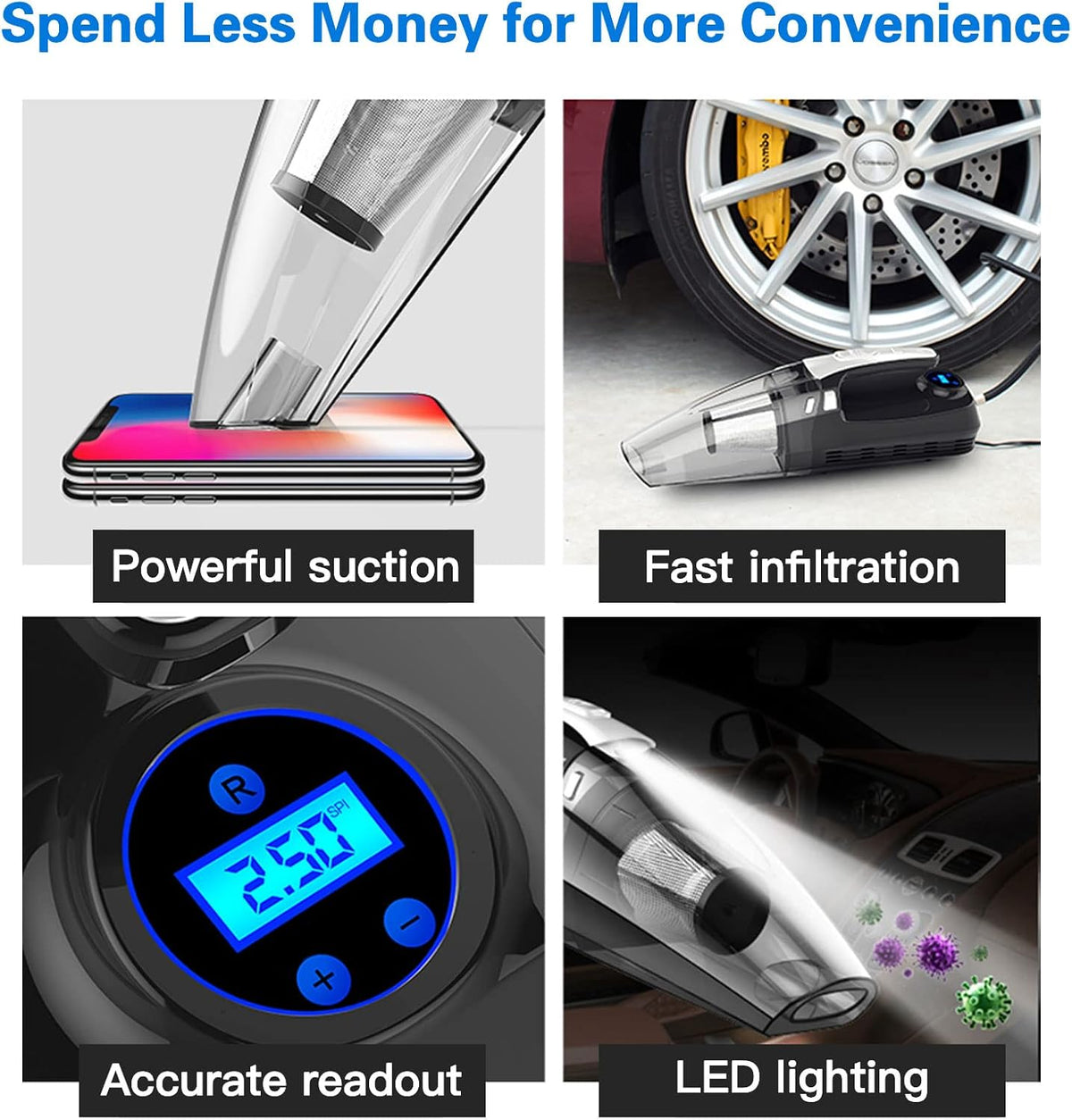 4-in-1 Cordless Handheld Car Vacuum with LED Light, Pack of 2 Q7402