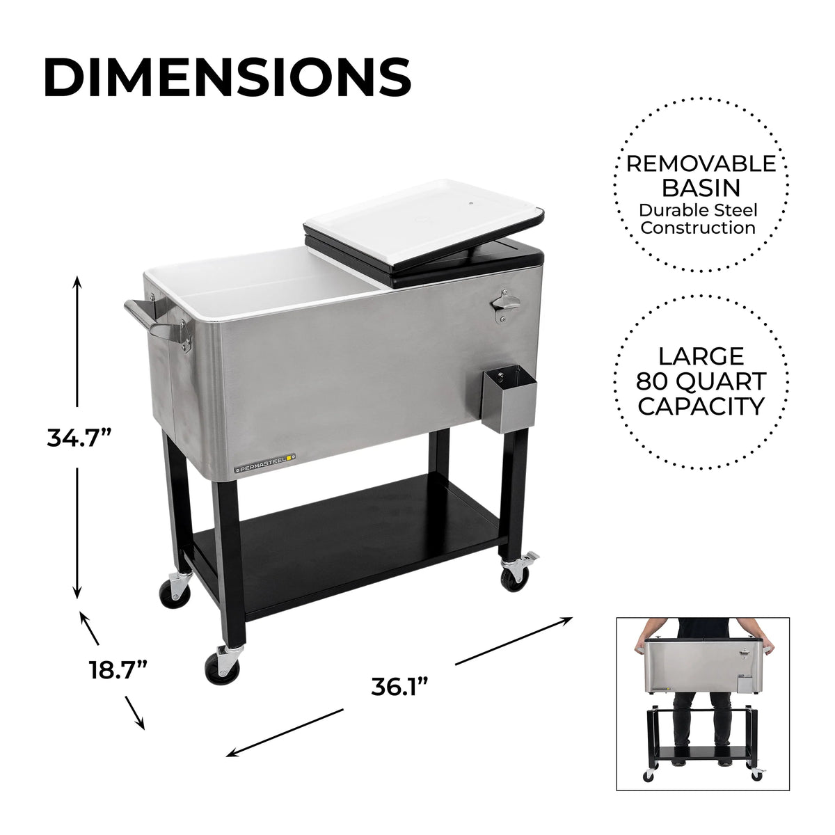 80-Qt Steel Rolling Patio Cooler with Removable Basin A803226