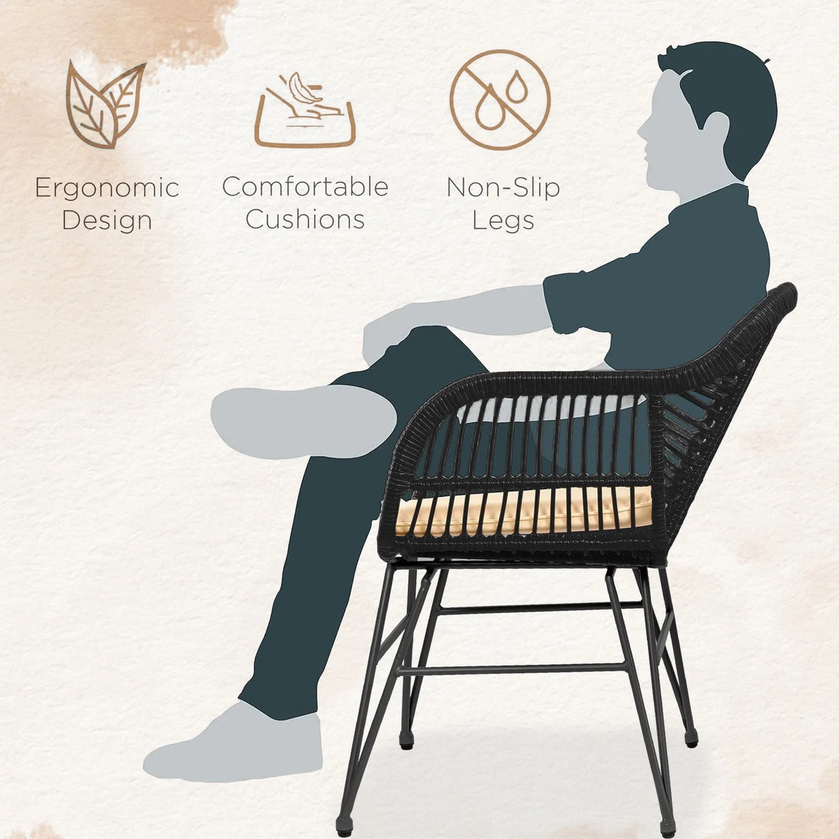 3 Piece Black PE Rattan Outdoor Wicker Bistro Set with Cushions M322627