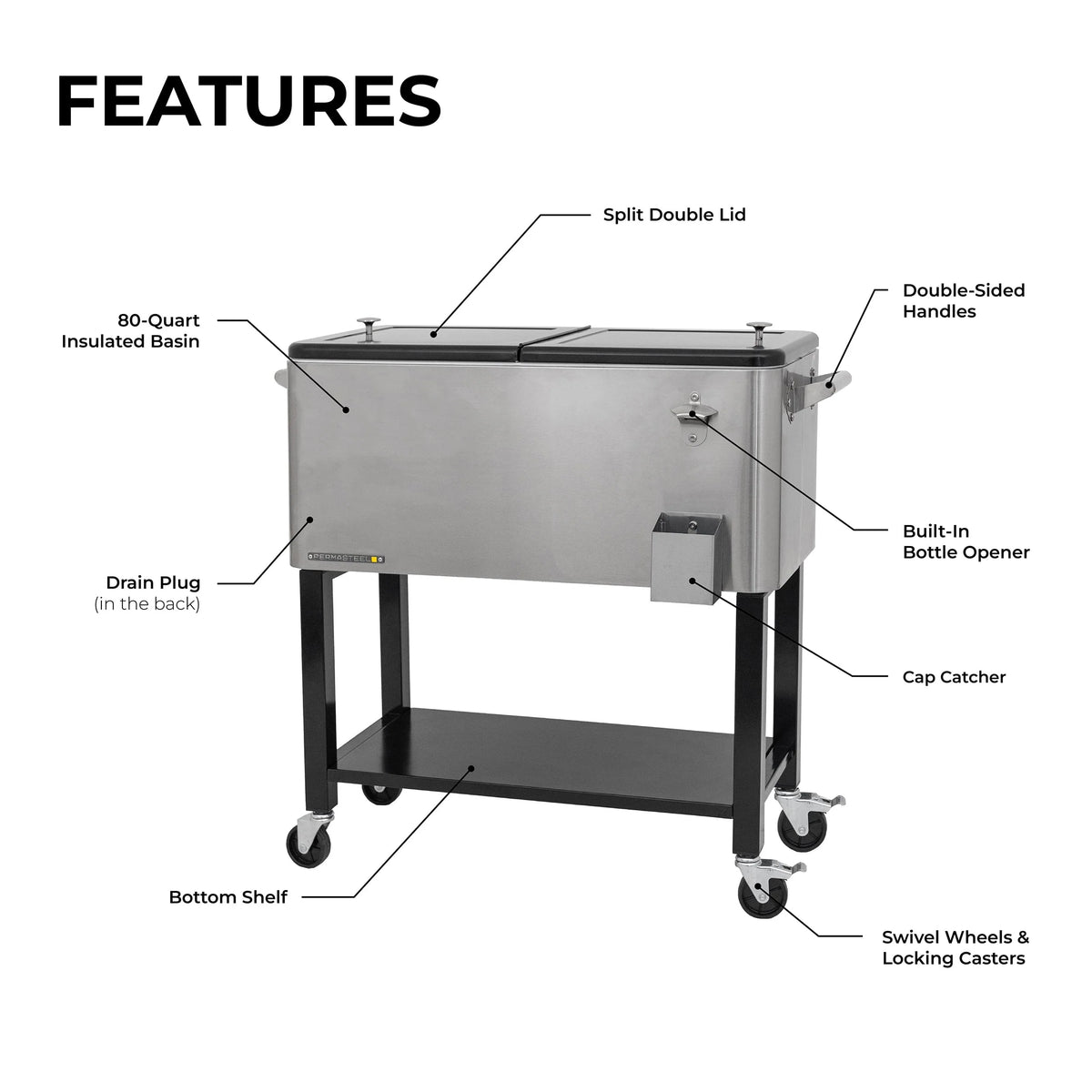 80-Qt Steel Rolling Patio Cooler with Removable Basin A803226