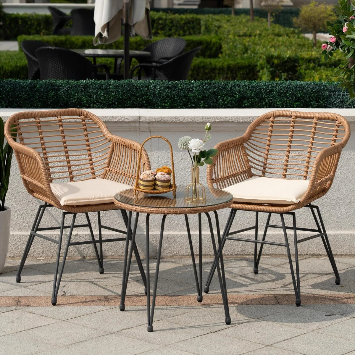 3 Piece Black PE Rattan Outdoor Wicker Bistro Set with Cushions M322627
