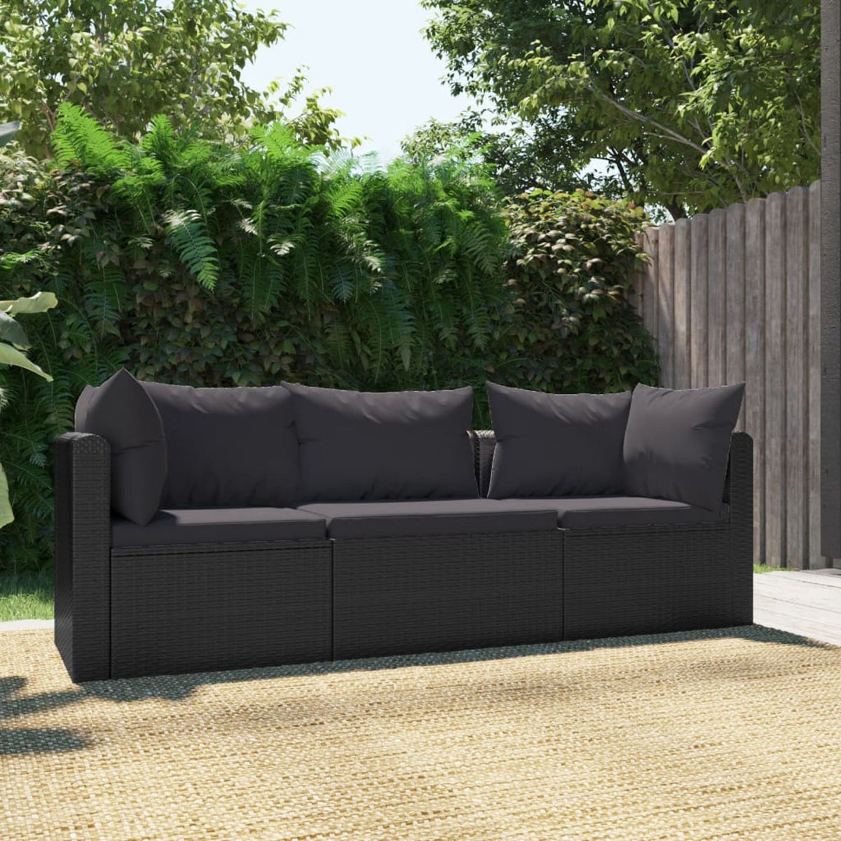 Black Poly Rattan 3 Piece Patio Sofa Set with Cushions H6145