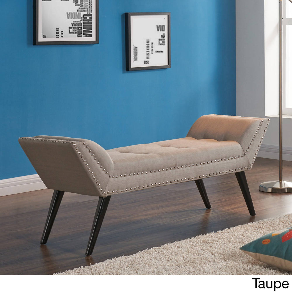 Taupe Fabric Ottoman Bench with Nailhead Trim and Wood Legs U4744
