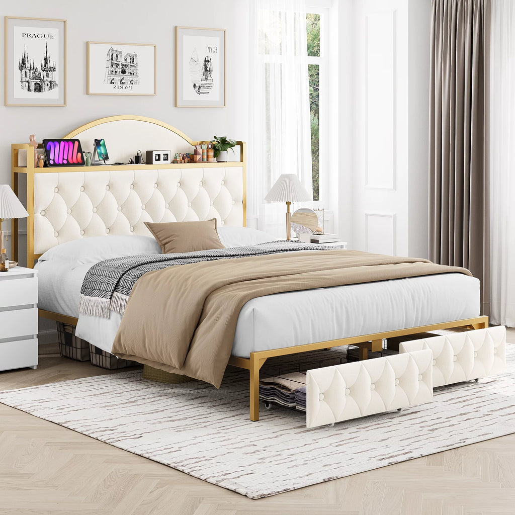 White Queen Size Storage Bed with 2 Drawers Y28502