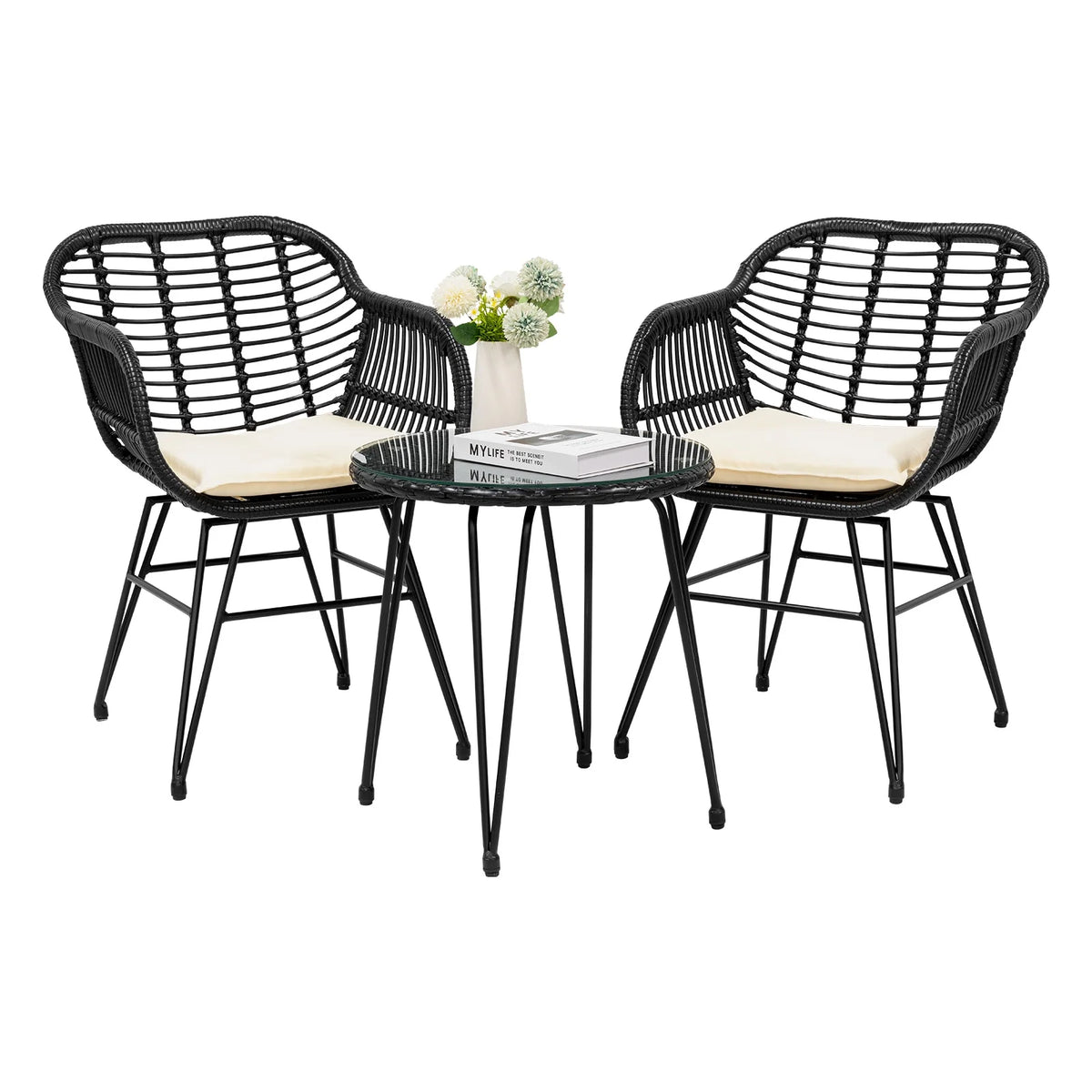3 Piece Black PE Rattan Outdoor Wicker Bistro Set with Cushions M322627