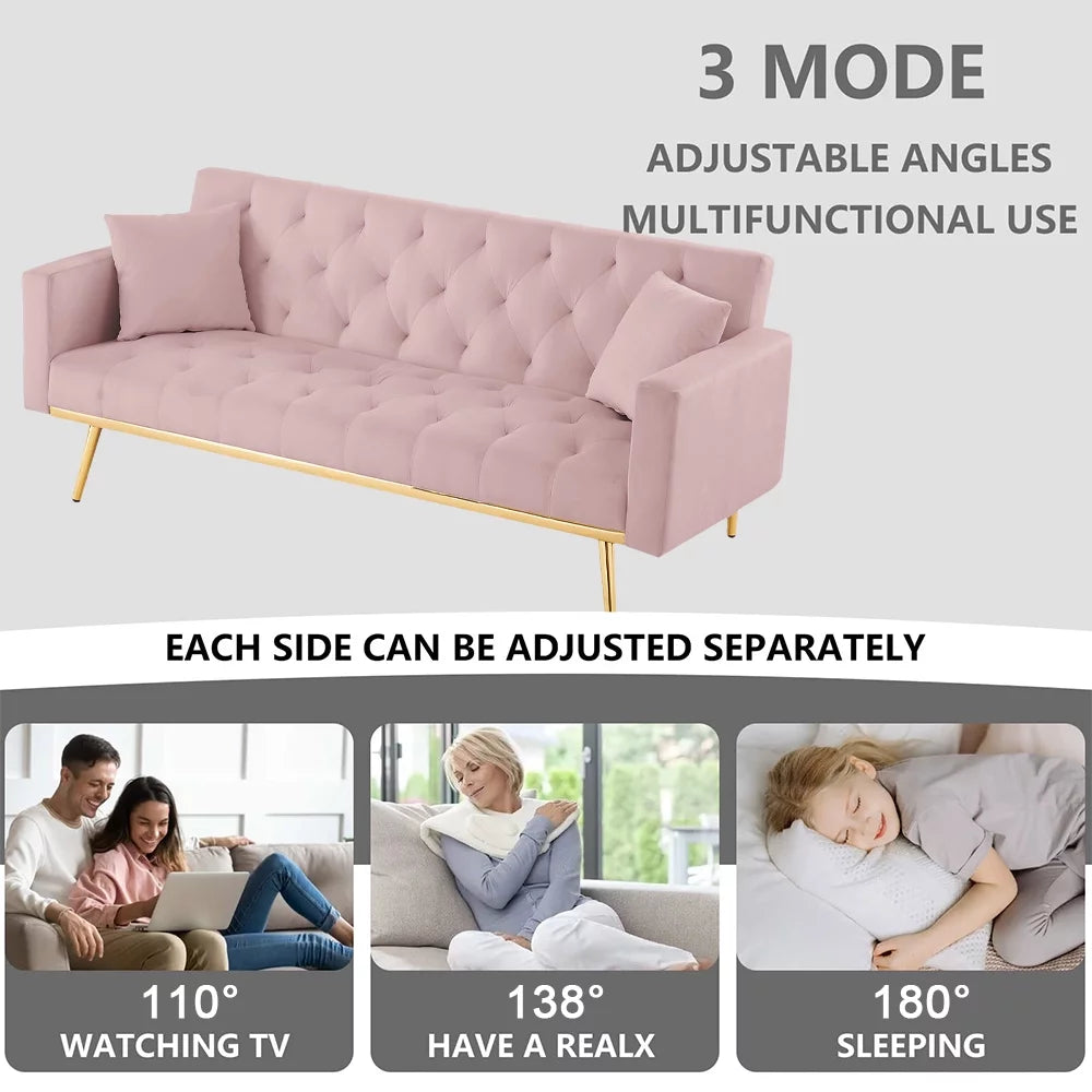 Pink Velvet Convertible Sofa Bed with 2 Pillows M60073