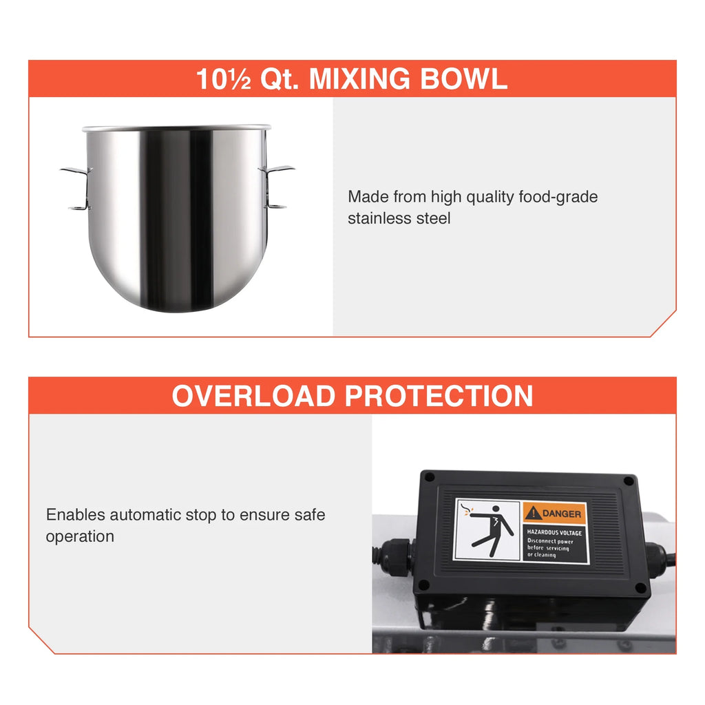 10Qt 600W Commercial Stand Mixer with 3 Attachment T2538
