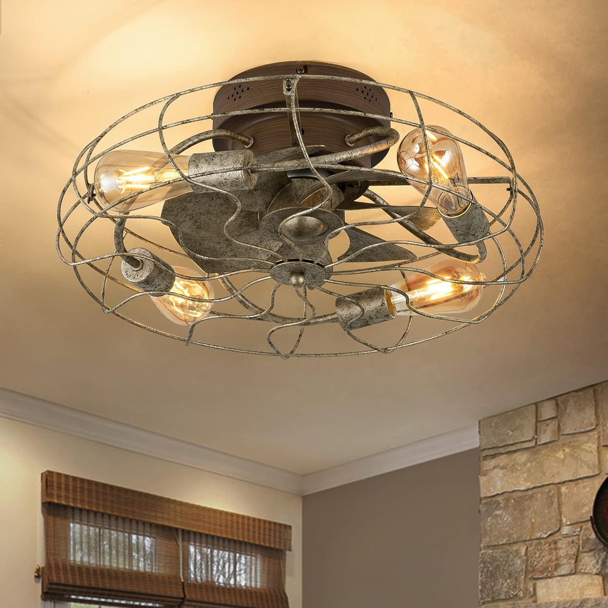 White Bladeless Caged Ceiling Fan with Lights Remote Control L72185
