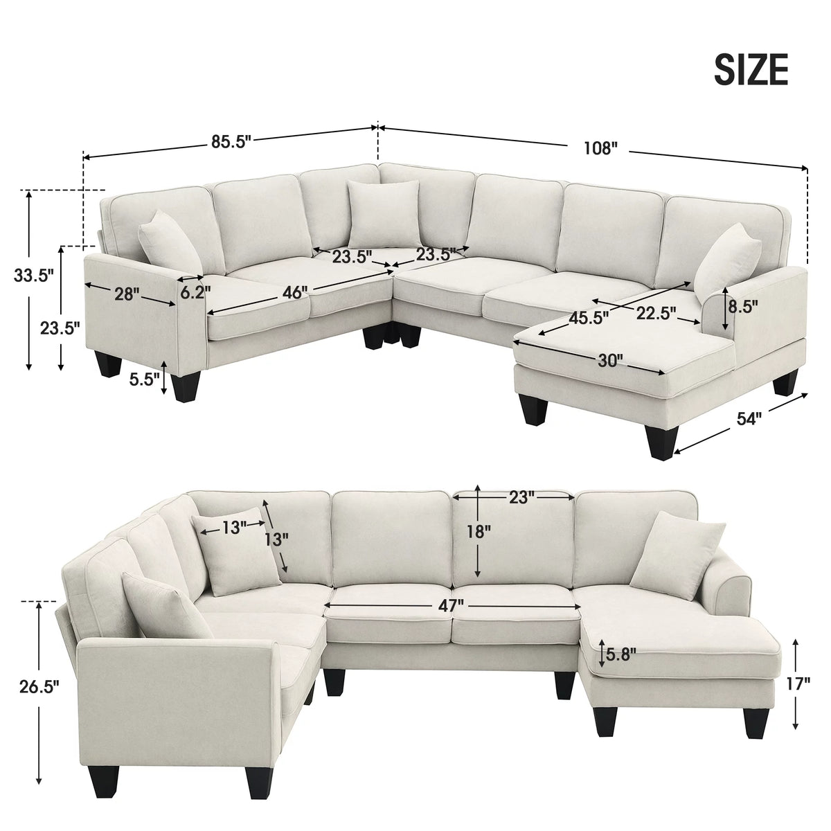 Beige U-Shaped 7-Seater Sectional Couch with Chaise B138291