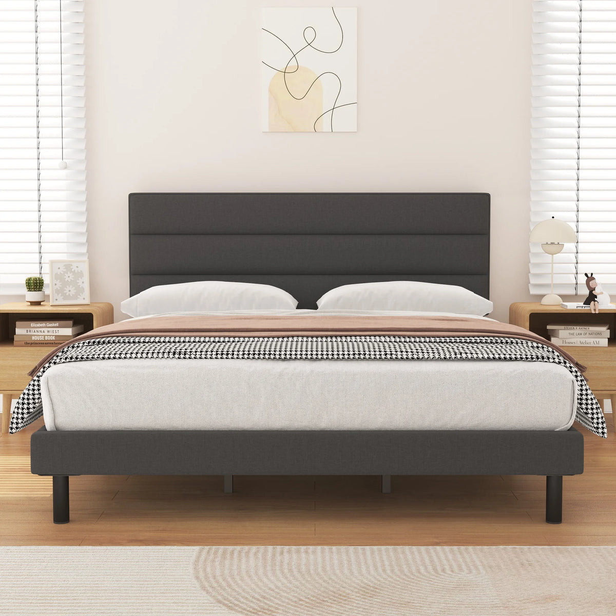 Twin Size Wingback Fabric Upholstered Platform Bed Frame B370600